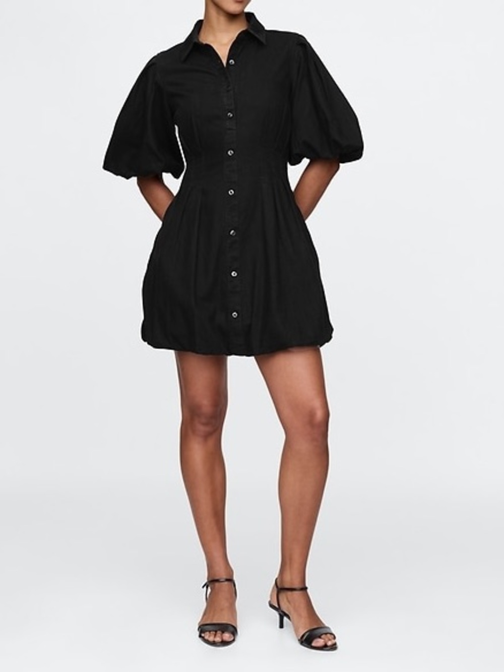 GAP Denim Bubble Mini Shirt Dress with Button-Front and Puff Sleeves in Black